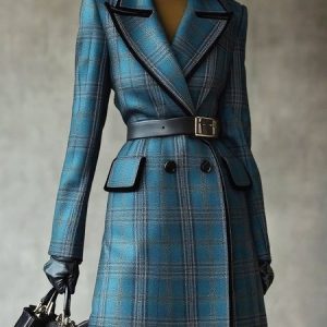 Urban  Printing Plaid Lapel Collar Trench Coat No Belt, Trench Coats, color:Blue|size:XXL, Stylewe