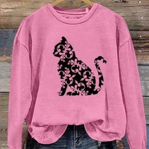 Vintage Cute Cat Art Print Crew Neck Comfy Sweatshirt, Hoodies & Sweatshirts, color:Deep Pink|size:3XL, catalog Noracora shop