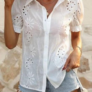 Shirt Collar Short Sleeve Floral Regular Micro-Elasticity Regular Fit Shirt For Women, Shirts, color:White|size:XXL, catalog Noracora shop
