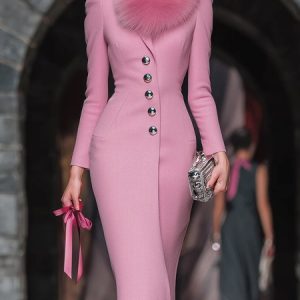 Elegant Buttoned Plain Lapel Collar Coat With Scarf, Coats, color:Pink|size:XXL, Stylewe