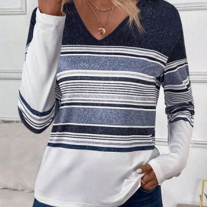 Women Striped Spring/Fall Dress Crew Neck Long Sleeve Hip Skirt H-Line Dress, T-shirts, color:Blue|size:XXL, catalog Noracora shop