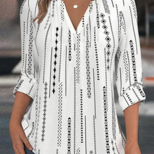 V Neck Long Sleeve Striped Regular Loose Blouse For Women, Blouses, color:White|size:5XL, catalog Noracora shop