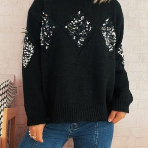 Women Cotton Geometric Long Sleeve Comfy Casual Sweater, Sweaters, color:Black|size:L, catalog Noracora shop