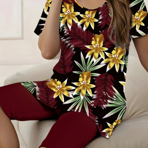 Women Floral Printing Two-Piece Set Daily Short Sleeve Casual Summer Top With Pants Matching Set, JustFashionNow Suit Set, color:Red Brown|size:XXL,