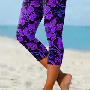 Women Floral Capris Elastic Waist Pants Casual Summer Trousers, Leggings, color:Purple|size:XXL, catalog Noracora shop