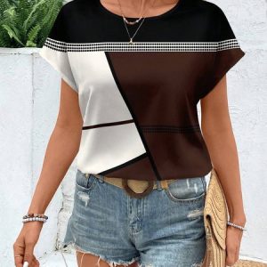 Women Striped Short Sleeve Tee T-shirt Crew Neck Printing Casual Summer Graphic Tee Top, JustFashionNow T-Shirts, color:Tan|size:4XL,