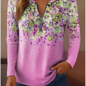 Vintage Floral V Neck Long Sleeve T-shirt, T-shirts, color:Purple|size:5XL, catalog Noracora shop