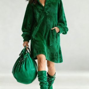 Urban Plain Balloon Sleeve Buttoned Midi Dress, Midi Dresses, color:Green|size:XXL, Stylewe