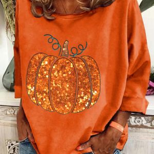 Women Halloween Pumpkin Print Long Sleeve Tee T-shirt Crew Neck Festival Spring/Fall Graphic Tee Top, JustFashionNow T-Shirts, color:Orange|size:5XL