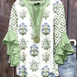 V Neck Long Sleeve Floral Regular Micro-Elasticity Loose Shirt For Women, Shirts, color:Lightgreen|size:4XL, catalog Noracora shop