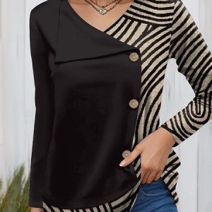 Casual Striped V Neck Long Sleeve T-shirt, T-shirts, color:Black|size:4XL, catalog Noracora shop