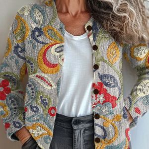 Women Floral Printing Long Sleeve Crew Neck Vintage Spring/Fall Cardigan Outerwear, JustFashionNow Cardigans, color:Gray|size:5XL,