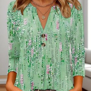 Casual Floral V Neck Three Quarter Sleeve T-shirt, T-shirts, color:Green|size:4XL, catalog Noracora shop