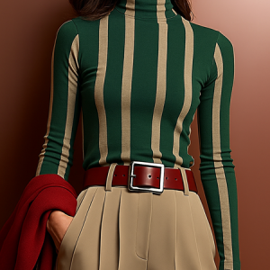 Urban Striped Printing Turtleneck T-shirt, Tees, color:Green|size:XXL, Stylewe
