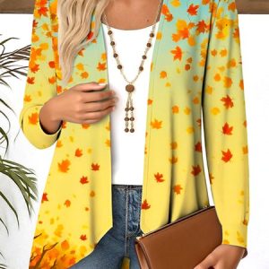 V Neck Long Sleeve Floral Regular Micro-Elasticity Regular Fit Blouse For Women, Blouses, color:Yellow|size:4XL, catalog Noracora shop