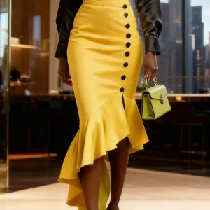 Urban Irregular Craftsmanship Color Block Maxi Skirt, Skirts, color:Yellow|size:XXL, Stylewe
