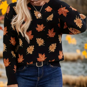 Women Maple Leaf Printing Spring/Fall Casual Long Sleeve Crew Neck Sweater, JustFashionNow Sweaters, color:Black|size:5XL,