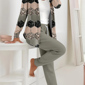 Women Abstract Printing Two-Piece Set Daily Long Sleeve Casual Spring/Fall Coat With Pants Matching Set, JustFashionNow Suit Set, color:Gray-brown|size:XXL,