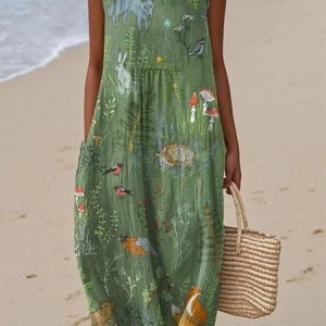Women Painting Summer Dress Crew Neck Sleeveless A-Line Dress, Dresses, color:Green|size:4XL, catalog Noracora shop