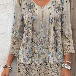 Casual Floral V Neck Three Quarter Sleeve T-shirt, T-shirts, color:Camel|size:XXL, catalog Noracora shop