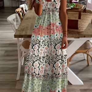 Women Floral Short Sleeve Summer Printing Dress V Neck Daily Casual Maxi X-Line Dress, JustFashionNow Casual Dresses, color:As Picture|size:3XL
