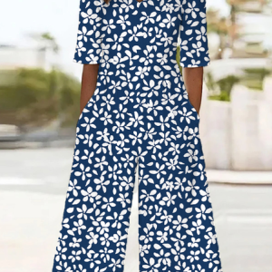 Women Floral V Neck Half Sleeve Casual Summer Jumpsuit, JustFashionNow Jumpsuits＆Rompers, color:Purplish Blue|size:4XL,
