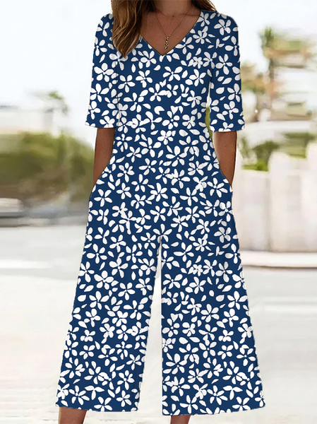 Women Floral V Neck Half Sleeve Casual Summer Jumpsuit, JustFashionNow Jumpsuits&Rompers, color:Purplish Blue|size:4XL,