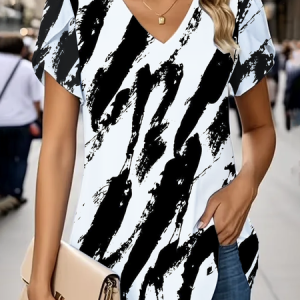 Women Abstract Short Sleeve Tee T-shirt V Neck Printing Casual Summer Graphic Tee Top, JustFashionNow T-Shirts, color:White|size:4XL,