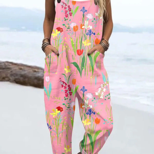 Women Floral Square Neck Sleeveless Casual Spring/Fall Bib Pants, JustFashionNow Jumpsuits＆Rompers, color:Pink|size:4XL,