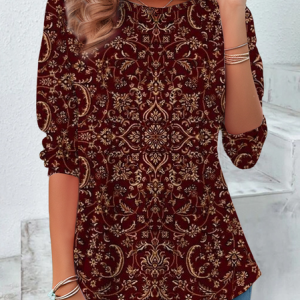 Casual Floral Crew Neck Long Sleeve T-shirt, T-shirts, color:Crimson|size:XXL, catalog Noracora shop