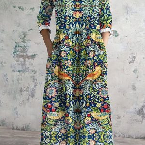 Women Floral Spring/Fall Dress Crew Neck Long Sleeve A-Line Dress, Maxi, color:Green|size:3XL, catalog Noracora shop