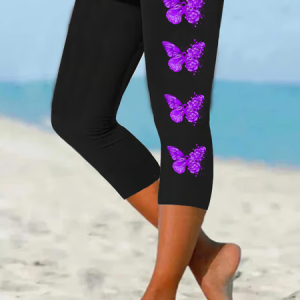 Women Butterfly Capris Elastic Waist Pants Casual Summer Trousers, JustFashionNow Leggings, color:Black|size:XXL,