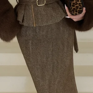 Urban Zipper Herringbone Midi Skirt, Skirts, color:Brown|size:XXL, Stylewe