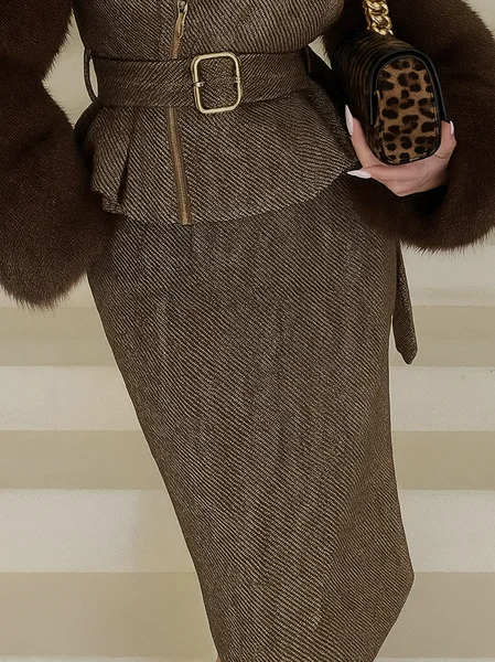 Urban Zipper Herringbone Midi Skirt, Skirts, color:Brown|size:XXL, Stylewe