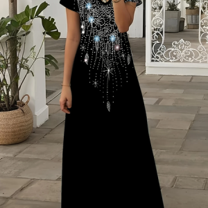 Women Abstract Summer Printing Dress V Neck Short Sleeve X-Line Dress, Dresses, color:Black|size:3XL, catalog Noracora shop