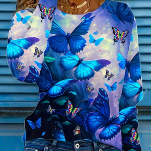 Women Butterfly Long Sleeve Tee T-shirt Crew Neck Printing Casual Spring/Fall Graphic Tee Top, JustFashionNow T-Shirts, color:Blue|size:XXL,
