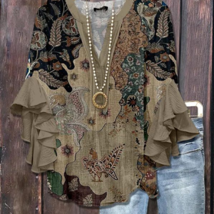 Women Floral Half Sleeve Shirt Summer Printing V Neck Daily Casual Top, JustFashionNow Shirts, color:Brown|size:5XL,