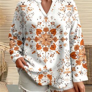 Casual Floral V Neck Long Sleeve T-shirt, T-shirts, color:White|size:5XL, catalog Noracora shop