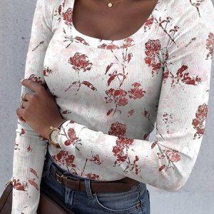 Casual Floral U-Neck Long Sleeve T-shirt, T-shirts, color:Coffee|size:4XL, catalog Noracora shop