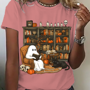 Casual Halloween Crew Neck Short Sleeve T-shirt, T-shirts, color:Orange Pink|size:3XL, catalog Noracora shop