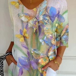 Women Floral Three Quarter Sleeve Tee T-shirt V Neck Printing Casual Spring/Fall Graphic Tee Top, JustFashionNow T-Shirts, color:As Picture|size:5XL,