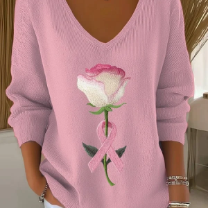 Women Floral Long Sleeve Tee T-shirt V Neck Printing Casual Spring/Fall Top, JustFashionNow T-Shirts, color:Pink|size:4XL