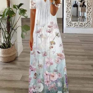 Women Floral Spring/Fall Printing Dress V Neck Long Sleeve T-Shirt Dress A-Line Dress, Dresses, color:Color5|size:5XL, catalog Noracora shop