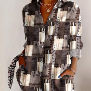 V Neck Long Sleeve Geometric Regular Micro-Elasticity Regular Fit Shirt For Women, Shirts, color:Brown|size:4XL, catalog Noracora shop