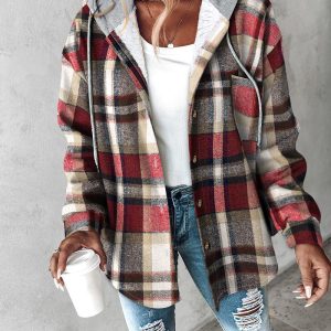 Plaid Print Long Sleeve Button Front Drawstring Hoodie Jacket Casual Pocket Design Thermal Lined Warm Coat, women Jackets & Coats, ChicMe catalog
