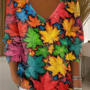 Women Maple Leaf Long Sleeve Tee T-shirt V Neck Printing Casual Spring/Fall Top, JustFashionNow T-Shirts, color:As Picture|size:4XL,