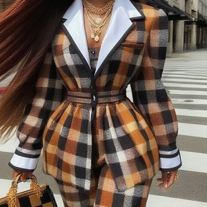 Urban Printing Plaid Lapel Collar Jacket, Jackets, color:Black-coffee|size:XXL, Stylewe