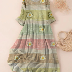 Women Floral Three Quarter Sleeve Spring/Fall Printing Dress Crew Neck Daily Casual Maxi Classic H-Line Dress, JustFashionNow Casual Dresses, color:Green|size:5XL,