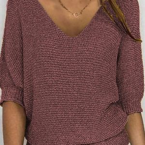Women's Sweater Casual Plain Simple 3/4 Length Sleeve Knit Top, Sweaters, color:Deep Brown|size:5XL, catalog Noracora shop