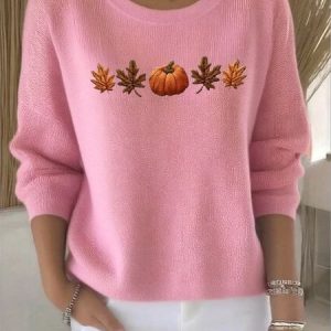 Women Plants Spring/Fall Vintage Long Sleeve Crew Neck Cotton Sweater, JustFashionNow Sweaters, color:Pink|size:4XL,